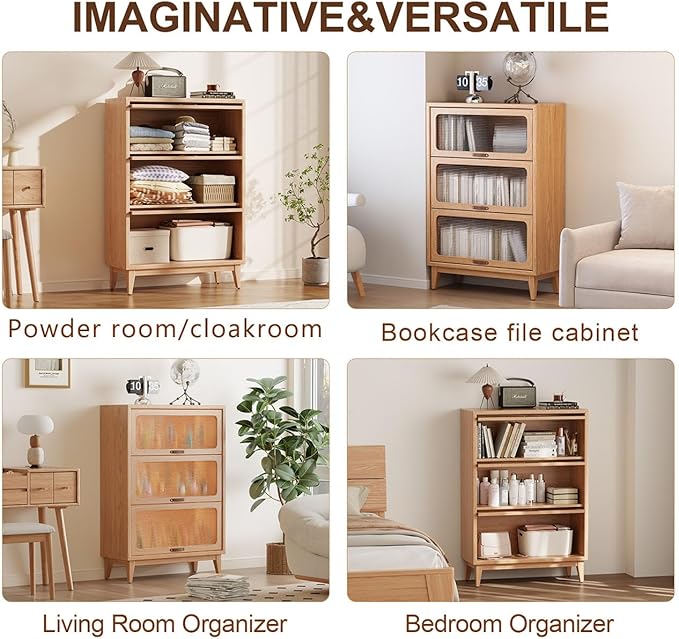 3-Shelf solid wood book case with corrugated tempered glass doors dusty wooden bookshelf Flip-Up Doors original wood midcentury modern book cases/shelves 3 tier for home office with installation tool