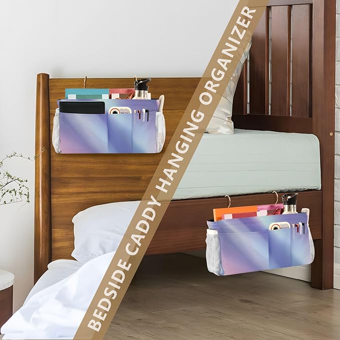 Purple Blue Gradient Bedside Caddy for Dorm Bed Bedside Hanging Caddy Bag Iron Frame Storage Organizer Pocket for Bunk Home College Hospital Beds 2 Hooks