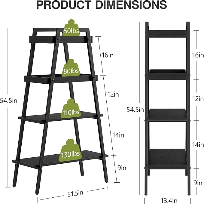 VECELO Ladder Shelf, 4-Tier Bookshelf with Enclosed Edges Design, Wooden Storage Rack Freestanding Bookcase for Living Room Home Office, Black