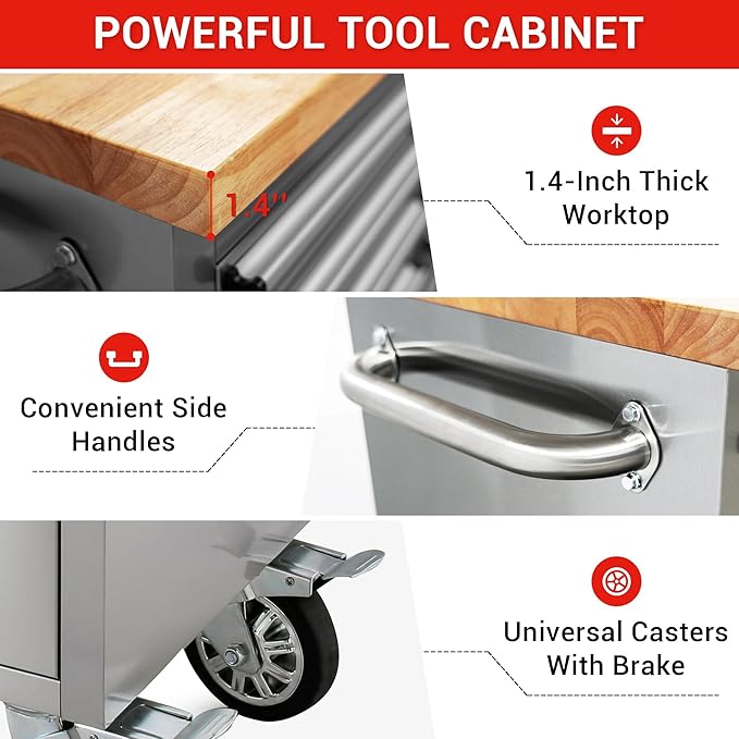 CT Copper Tailor 72-inch Tool Chest with Integrated Power Strip,15 Drawers and Wheels, Mobile Garage Workbench Storage Tool Cabinet, Large Rolling Tool Box with Wood Top, Stainless Steel