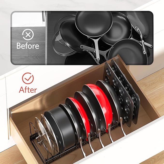 ORDORA Pots and Pans Organizer under Cabinet with Pan Holder: Expandable 11.8"-22.8" Kitchen Cabinet Organizer Rack, 12 Adjustable Dividers Storage for Cookie Sheets, Cutting Boards & Lid Cookware
