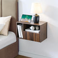 Modern Walnut Fluted Floating Nightstand with Charging Station, NightStand with Drawers, Bedside with USB Ports and Outlets, Bedroom Furniture (Left)