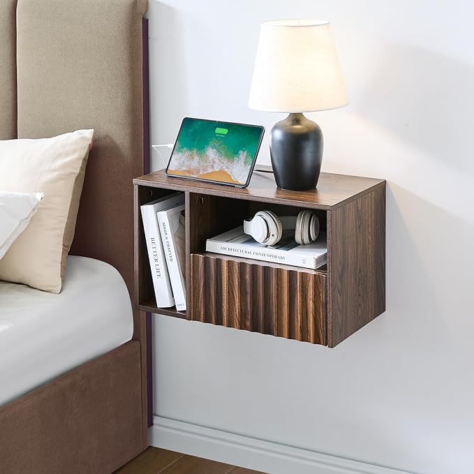 Modern Walnut Fluted Floating Nightstand with Charging Station, NightStand with Drawers, Bedside with USB Ports and Outlets, Bedroom Furniture (Left)