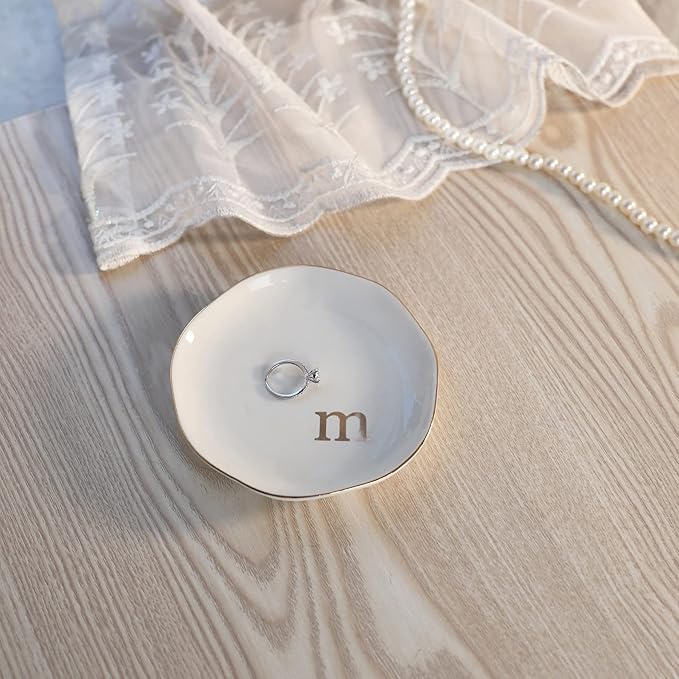 HOME SMILE Initials Ring Dish Jewery Tray with Personalized M-Monogrammed Engagement Wedding Gifts for Friends,Sister,Birthday Christmas Gifts for Women,Ceramic White