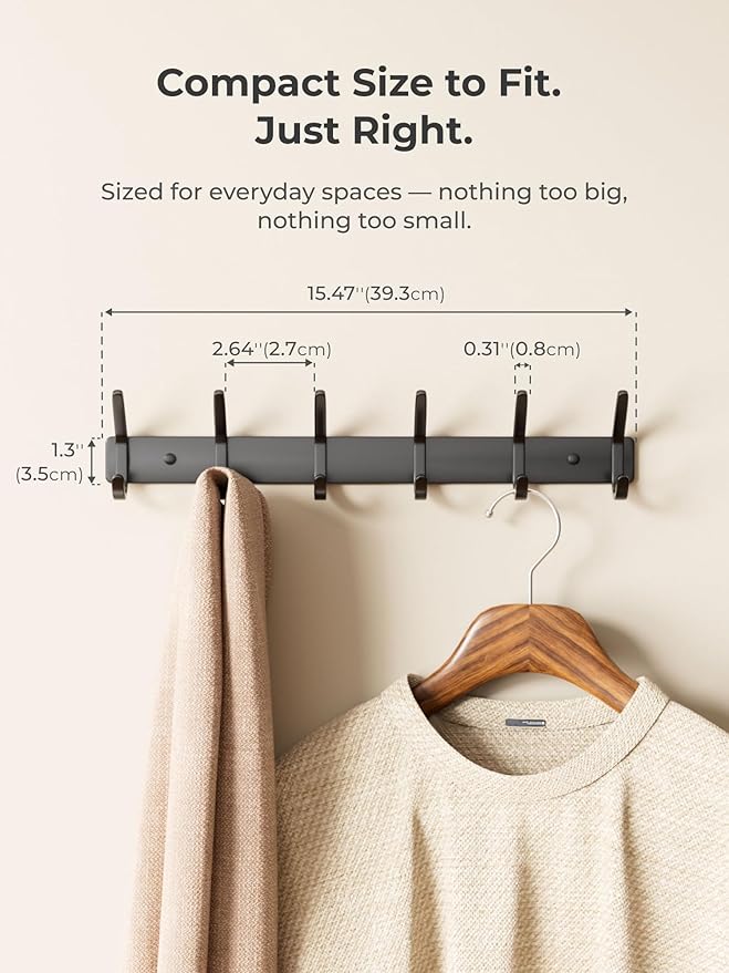 Coat Rack Wall Mount Hooks - 15 Inch Matte Black Metal 6-Hook Organizer Wall Mounted, Modern Kids Room, Entryway & Bathroom Hanger for Beach Towels, Coats, Purses, Bags (2 Pack)