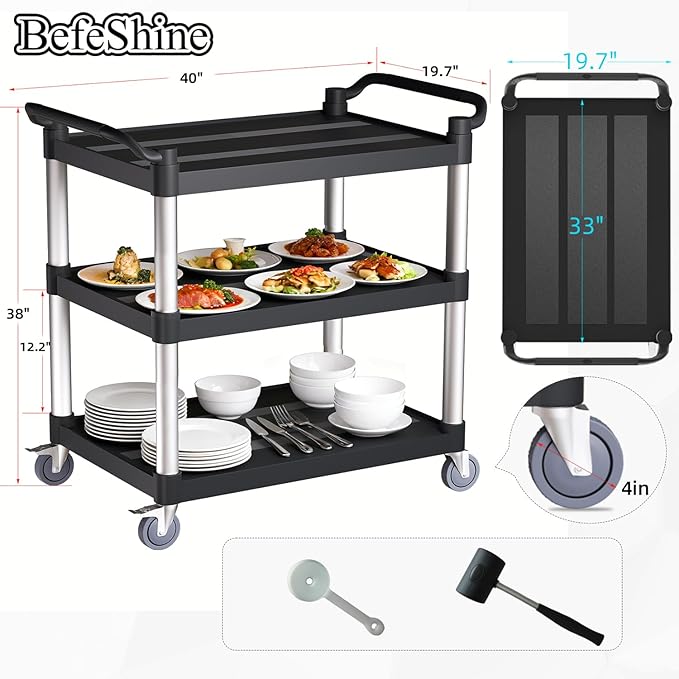 3 Tier Rolling Cart with Hair-Proof Wheels, Plastic Utility Service Cart, Heavy Duty 450 Lbs Capacity, Solid Handle,Commercial Serving Cart for Home/Office/Restaurant/Warehouse.40×19.7"×38"