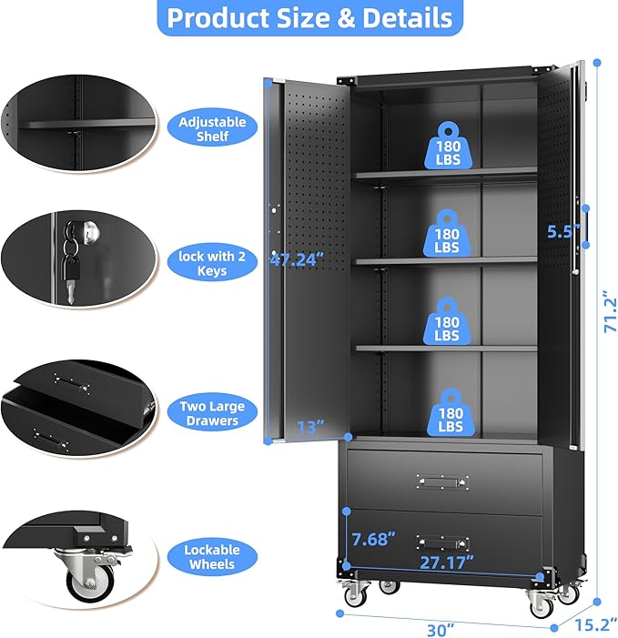 SUXXAN Rolling Storage Cabinet with 2 Doors and 2 Drawers, Heavy Duty Metal Storage Cabinet with Shelves, Locking Steel Cabinet for Warehouse, Home, Office (Black)