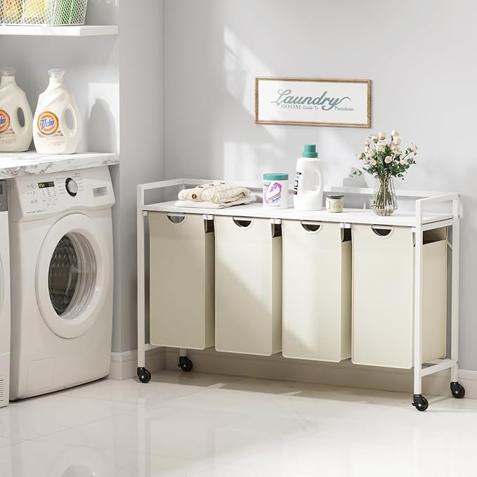 Lifewit Laundry Hamper 4 Section, 168L Pull out Laundry Clothes Basket Organizer with Large Top Shelf and 4 Removable Bags and Handles for Laundry Room Bedroom Bathroom, White with Wheels