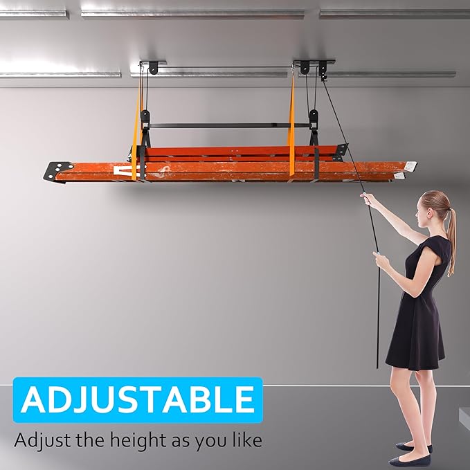 Ceiling Ladder Hoist, Heavy Duty Pulley System for Garage Storage, Ladder Hanger Hold Up to 150 lbs Capacity for Kayak, Cargo Box, Canoe, Bike Lift, Fit 10-18 Foot Ceilings, Black