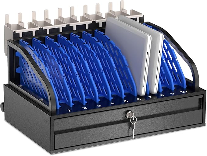 10-Device Open Charging Station for Chromebooks & Tablets - Heavy-Duty Steel Rack with Lockable Storage Drawer, Multi-Device Charging Organizer for School, Office, Hospital