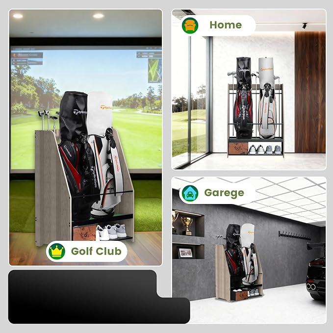 Golf Bag Organizer Rack – Large Wooden Golf Storage for 2 Bags, Clubs & Accessories with Dustproof Drawer, Sports Equipment Rack for Garage, Practice Room, Home or Office (Black)