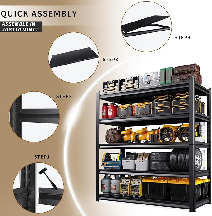 2 Pack Garage Shelving Heavy Duty Storage Shelves 3000LBS Adjustable Garage Shelves 5 Tier Metal Shelving Unit Utility Rack Shelf for Storage Kitchen Warehouse Pantry, 72 "H x 45.7 "W x 19.7" D