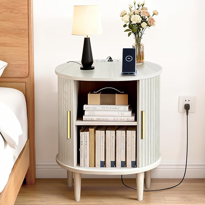 Nightstand with Charging Station, Fluted Accent Side Table with Sliding Door & Adjustable Shelf, Mid-Century Modern End Table for Small Space, Living Room, Bedroom (1, White)