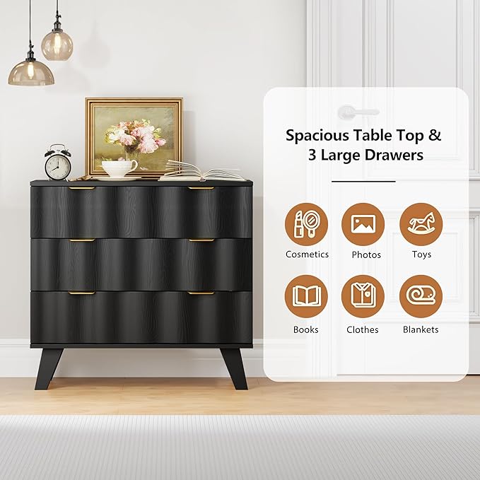 3 Drawer Dresser, Fluted Chest of Drawers with Handles for Closet, Large Nightstand with 3 Drawers Accent Cabinet for Bedroom, Living Room, Hallway (Black)