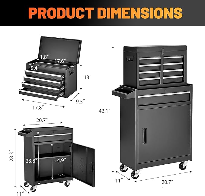 5-Drawer Rolling Tool Storage Chest Cabinet with Detachable Top Tool Box, Liner, Universal Lockable Wheels,37.6"x 20.7"x 11" Expandable, Locking Mechanism, Metal Tool Cart for Garage Workshop
