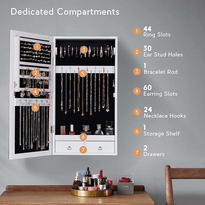 LAVIEVERT Jewelry Armoire with LED Lighted Mirror, Wall/Door Mounted Frameless Mirror with 3 Color Lights, Lockable Jewelry Cabinet Hanging Jewelry Organizer with 2 Drawers - White