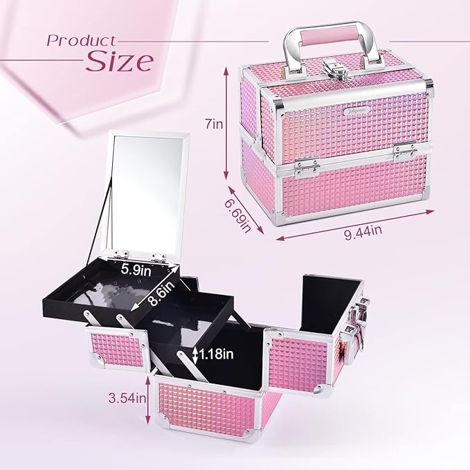 Joligrace Makeup Train Case Makeup Case Organizer Portable Cosmetic Box Storage with 2 Trays Mirror Locking Make Up Travel Case for Nail Kits Cosmetics Craft Traveling Makeup Box Mermaid Pink