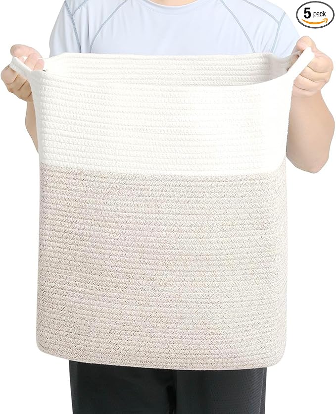 Tall Laundry Basket With Handles,Woven Cotton Rope Big Laundry Hamper Sorters,Versatile Storage for Dirty Clothes,Baby Toys,and Blankets in Bathroom, Nursery,and Living Room (White Brown, 80L)