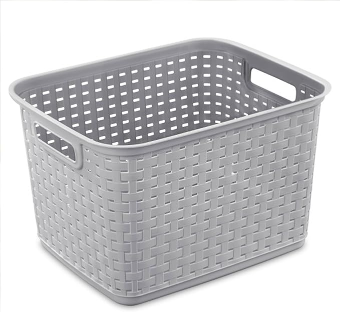 Sterilite 6-Pack Tall Weave Basket, Wicker-Style Plastic Open Storage Bin, Cement Gray - Multi-Purpose Decorative Organizer for Laundry Area, Shelves, Closets, Pantries, Living Rooms or Offices