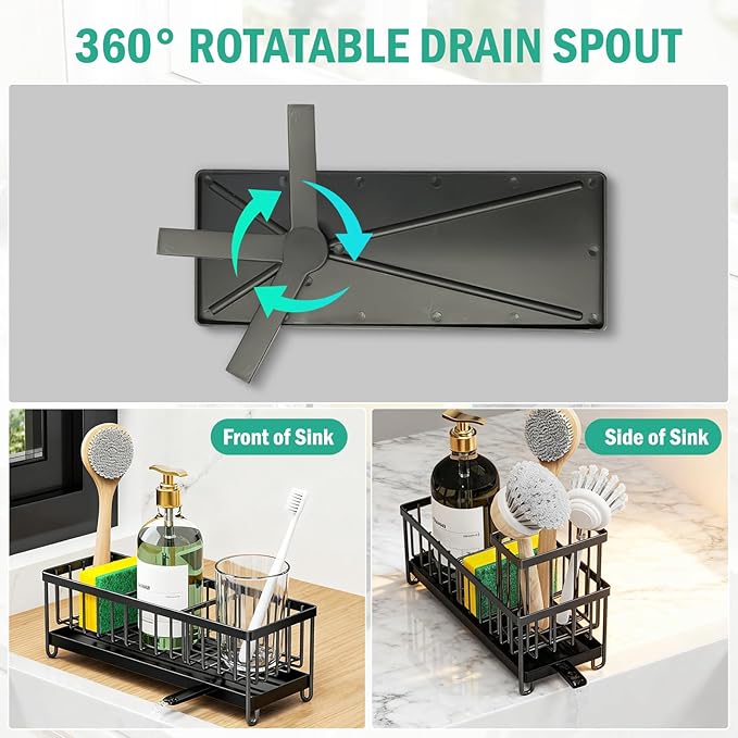 Sponge Holder for Kitchen Sink, Sink Caddy Organizer with High Brush Holder & Auto-Drain Tray, Rustproof Stainless Steel Countertop Storage for Soap Dispenser and Dish Brush, Fast Local Shipping