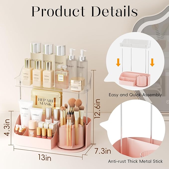 Rotating Makeup Organizer w/Makeup Brush Holder, 2 Tier Bathroom Countertop Organizers, Large Cosmetic Organizer Countertop, Vanity Organizers and Storage for Skincare, Lotion, Lipstick -Pink