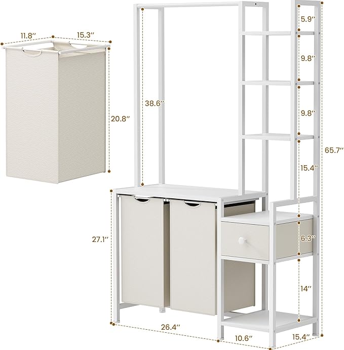 Laundry Hamper with Shelf, 5 Tiers Tall Laundry Basket Sorter with 2 Pull-Out and Removable Bags, Clothes Rack with Laundry Sorter for Laundry Room Bathroom Bedroom, White