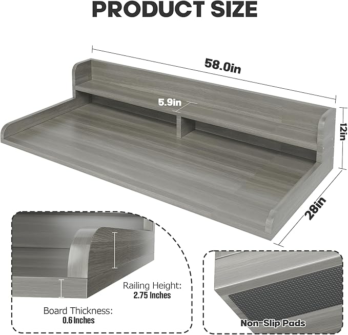 2-Tier Washer Dryer Countertop with 2.75" H Edge Rails, 58" W x 28" D Laundry Countertop for Folding Clothes, Washer and Dryer Topper with Non-Slip Pad (Stripe Gray)