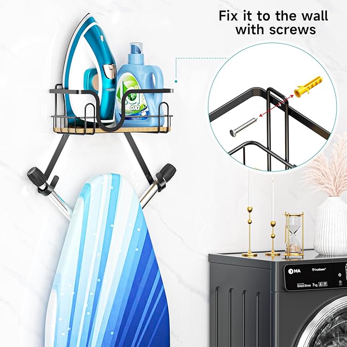 Ironing Board Holder Wall Mount, Over The Door Ironing Board Hanger with Storage Basket, Iron Holder for Hotel Rooms, Home Laundry Rooms, Utility Rooms, Closets (Black)