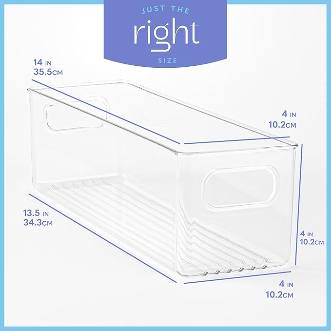 primebox Plastic Food Storage 2 Pack Clear Container Bin with Handles for Organizing Kitchen, Pantry, Refrigerator, Freezer, Pantry, Cabinet, Closet, Bathroom. 14”X4”x4”