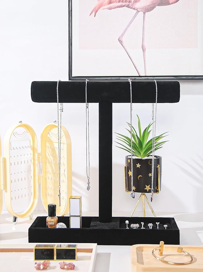 Multi-Use Jewelry Holder Stand, Necklace Bracelet Ring Organizer Stand, Scrunchie Watches Velvet Jewelry Holder Stand With Tray for Women Home Use(Black Color)