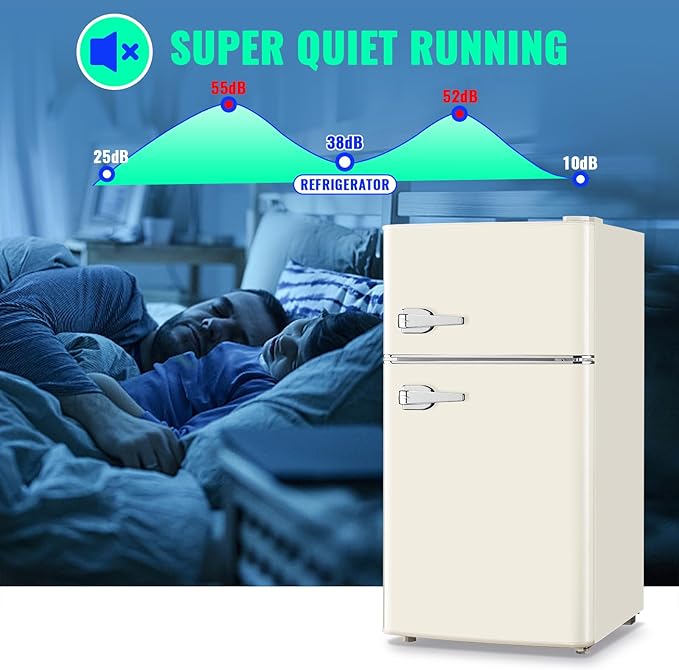 Mini Refrigerator with Freezer Small Fridge Double Door Side Drink Holder Adjustable Glass Shelves, Plastic Crisper, 7 Level Temperature Control for Bedroom, Office, Apartment White