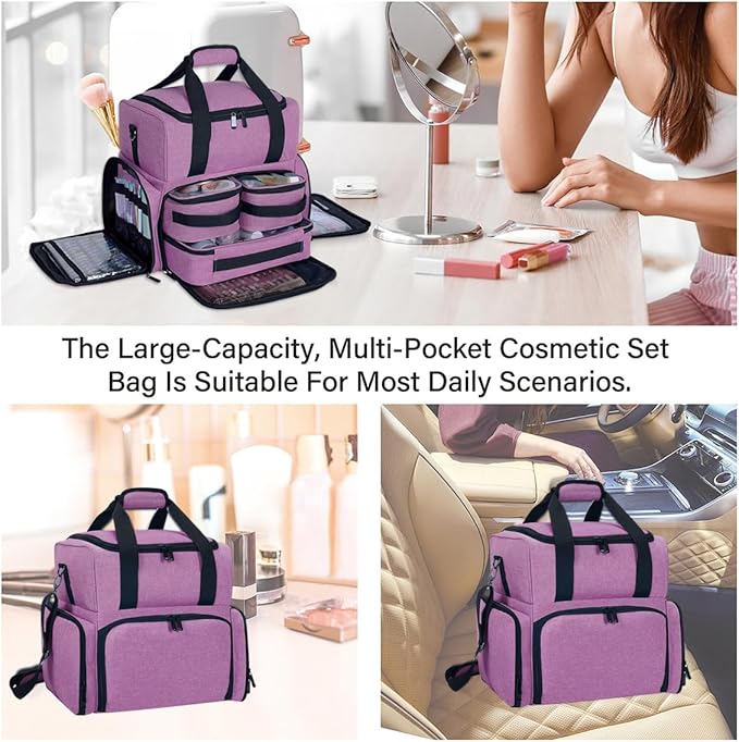 Large Makeup Cosmetic Bag with 3 Removable Case and 2 Removable Dividers Double Layer Travel Storage Organizer, Makeup Brushes Storage Section Purple