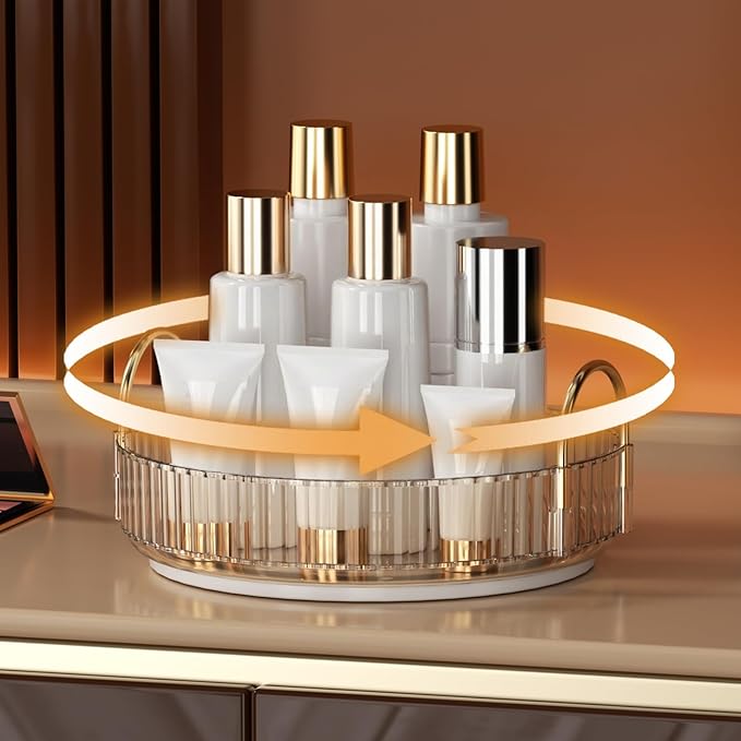 YCIA&DONE 360 Rotating Makeup Organizer and Storage for Vanity Countertop 1 Tier, High Capacity Cosmetic Skincare Perfume Organizers for Dresser Bathroom Fridge Lazy Susan (Amber Gold)