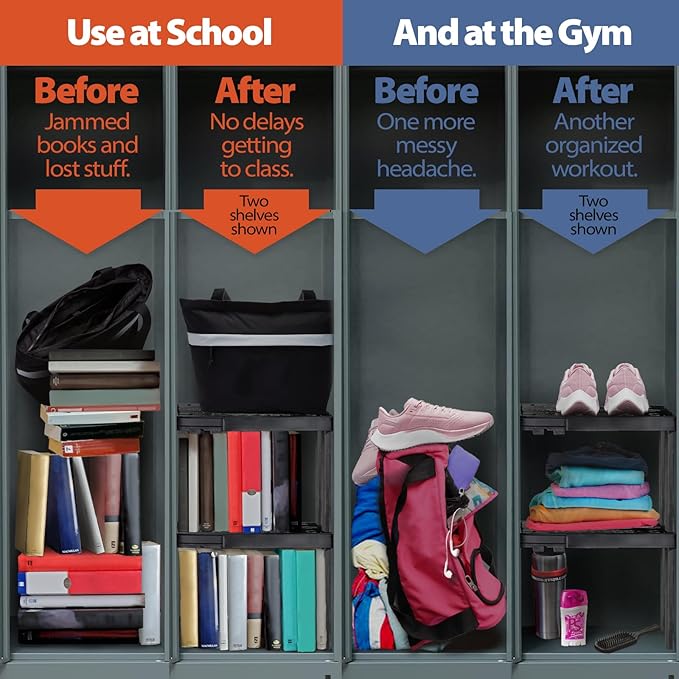 Locker Organizer Shelf， Adjustable Width and Height , Ideal Locker for School, Office, and Gym Lockers (Blue 2 Pack)