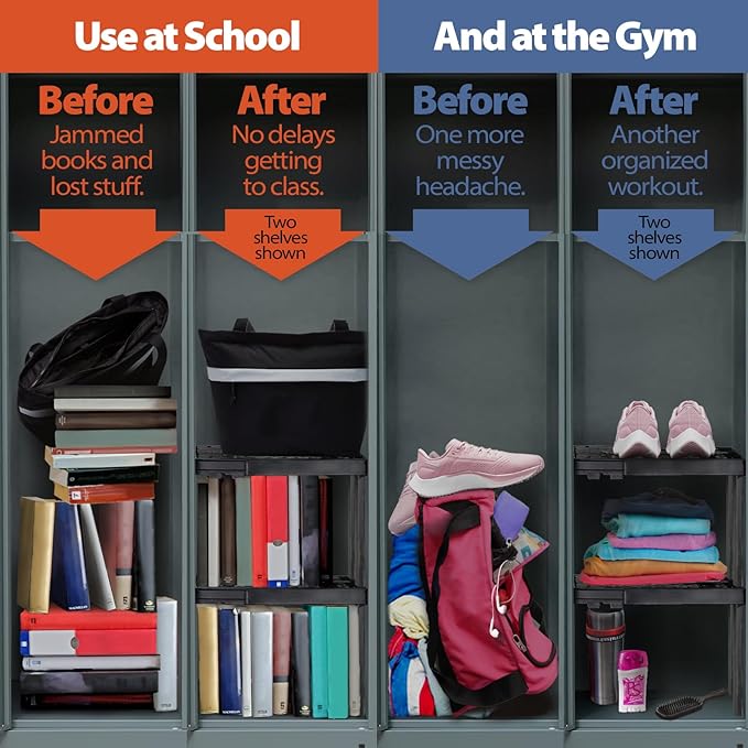 Locker Organizer Shelf， Adjustable Width and Height, Ideal Locker for School, Office, and Gym Lockers… (White 2 Pack)