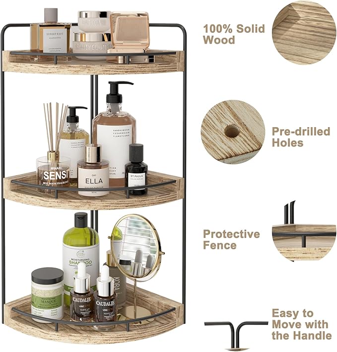 Fixwal Corner Bathroom Counter Organizer, 3 Tier Rustic Bathroom Organizer, Wood Countertop Storage Tray for Vanity, Kitchen, Bedroom (Light Brown)