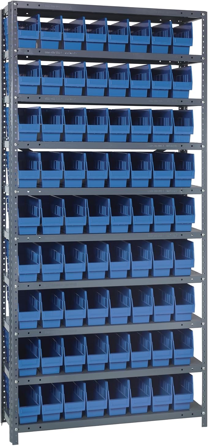 Quantum Storage Systems 1275-201BL Solid Heavy Duty 10 Shelves 72 STORE-MORE Blue Bins 75" H x 36" W x 12" D