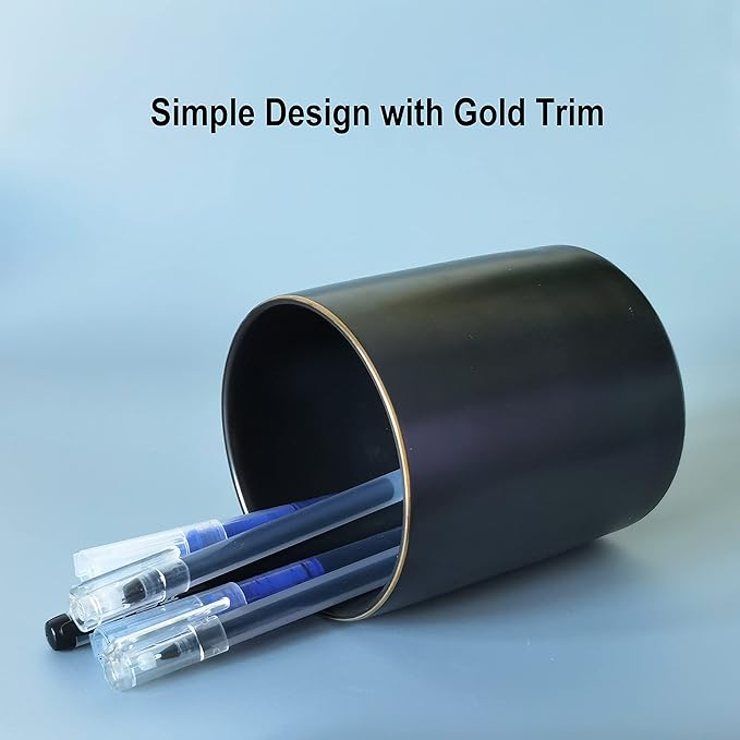 HANKOR Ceramic Pencil Holder for Desk - Cute Gold Trim Pen Aesthetic Makeup Brush Cup Holder Organizer for Desktop Storage Stationery Office Home Supplies, Black