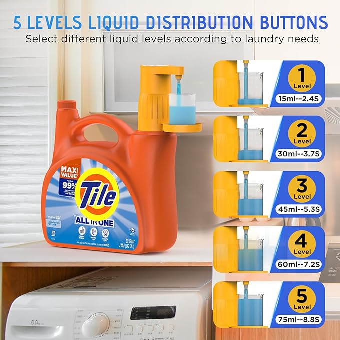 Detergent Dispenser, Auto Laundry Detergent Dispenser with Silicone Washable Laundry Measuring Cup Graduated Cup, No Waste, USB Rechargeable, Ideal for Laundry Room Organization (Yellow)