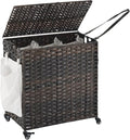 Laundry Hamper with Wheels, 39.6 Gallon(150L) Rolling Laundry Basket with Lid, 3-Section Rattan Clothes Hamper with 3 Removable Liner & 3 Mesh Bags, Laundry Sorter with Side Pocket, Brown