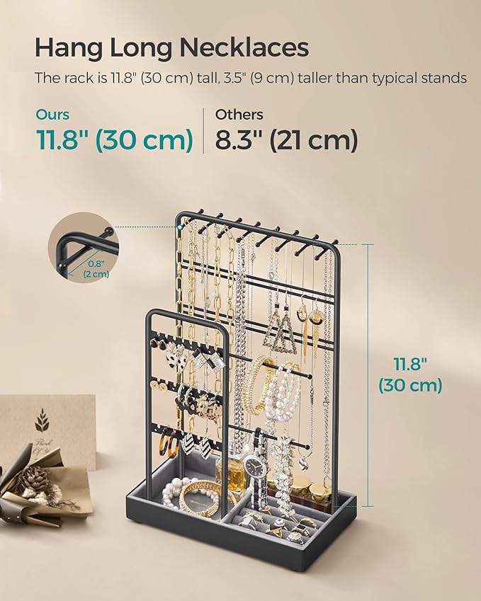 SONGMICS Jewelry Holder, Jewelry Organizer, Jewelry Display Stand with Metal Frame, Velvet Tray, Necklace Earring Bracelet Holder, for Studs, Rings, Christmas Gift, Ink Black UJJS021B01