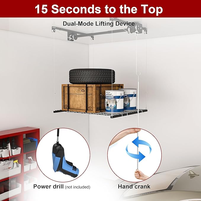 4x4FT Overhead Garage Storage Rack for High Ceilings 10-12 FT, Adjustable Garage Organization System, Heavy Duty Ceiling Storage Racks with Safety Lock,250LBS Capacity,Black