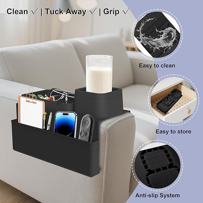 KindGa Couch Cup Holder Tray,Silicone Couch Arm Cup Holder,Couch Arm Organizer for Sofa Drinks/Phone/Remote/Snacks,Couch Armrest Recliner Armchair Caddy - Black