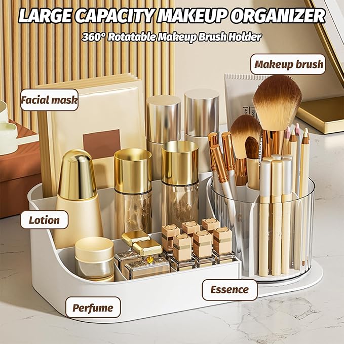 DASITON Large Capacity Makeup Organizer with 360° Rotating Makeup Brush Holder, Perfume and Skincare Storage Organizers for Vanity Bathroom Countertop, Cosmetic Display Case (White, 1 Tier)