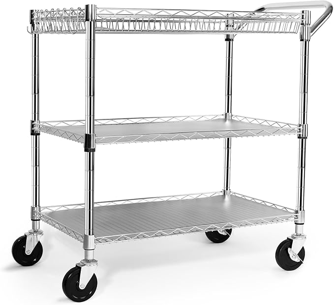 NTE Utility Cart with Wheels, 990lbs Capacity Metal 3 Tier Rolling Carts, NSF Kitchen Carts On Wheels with Storage, Heavy Duty Utility Cart with Handle & Wire Shelf for Indoor & Outdoor Use, Silver