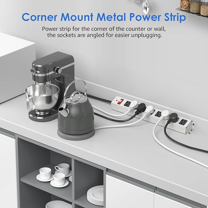 CCCEI Corner Mount Angle Power Strip, Under Cabinet Heavy Duty 8 Outlets Power Strip 20Amp, Metal Underneath Desk Plug Surge Protector, Wall Mountable, for Garage, Shop, Kitchen. 3FT Extension Cord.