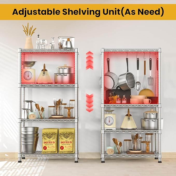 4- Shelf Storage Shelves Wire Shelving Unit Adjustable Metal Shelving Sturdy Steel Commercial Shelf organize Rack Units Heavy Duty 2200 LBS,for Garage Laundry Bathroom Organization Kitchen Closet