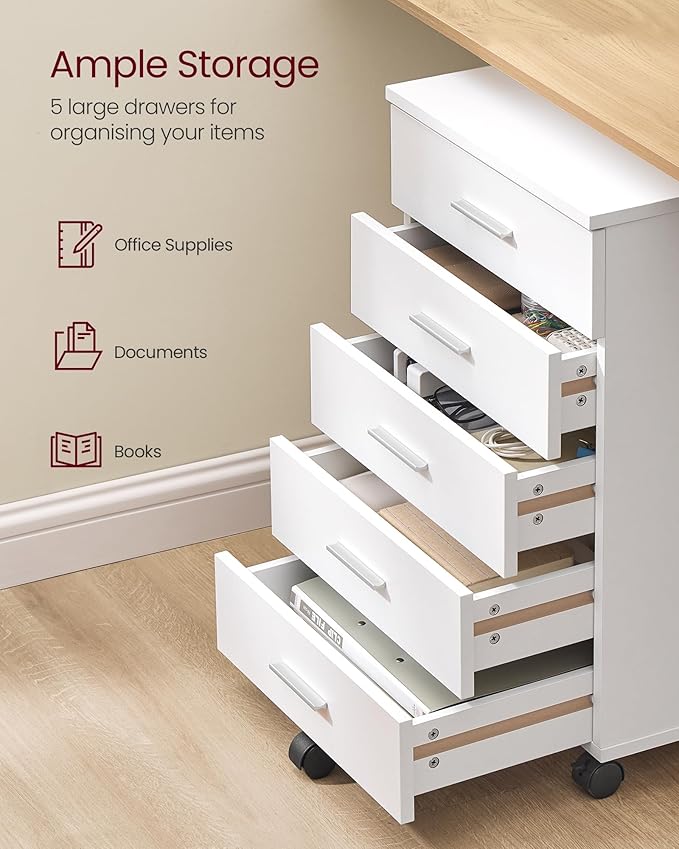 VASAGLE File Cabinet, Mobile Pedestal Filing Cabinet with Wheels, Printer Stand with 5 Drawers, Tool-Free Sliding Rails, for Study, Home Office, Cloud White UOFC081W01