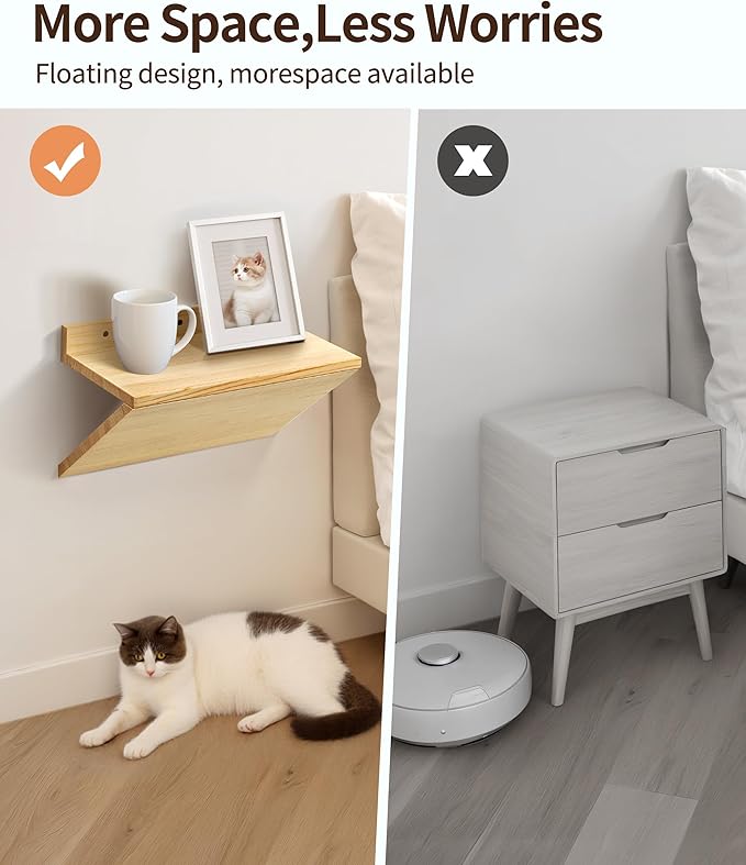 Floating Nightstand, Rustic Wooden Floating Bedside Table Z-Shape Wall Mounted Nightstand Small Hanging Night Stands for Bedroom (2, Natural Wood)