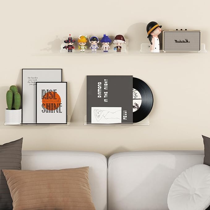 Lifewit Floating Shelves for Wall, 6 Pack 15" Clear Acrylic Shelf Room Decor for Book/Figures/Photo/Makeup in Bathroom, Book Shelf, Living Room, Bedroom, Kitchen Storage and Organization